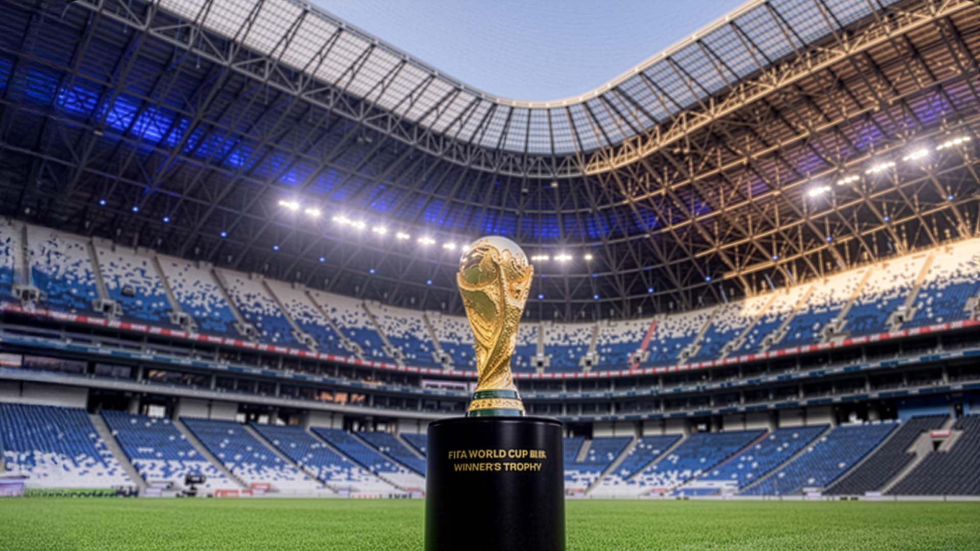 Stadium with trophy that says FIFA WORLD CUP WINNER’S TROPHY.