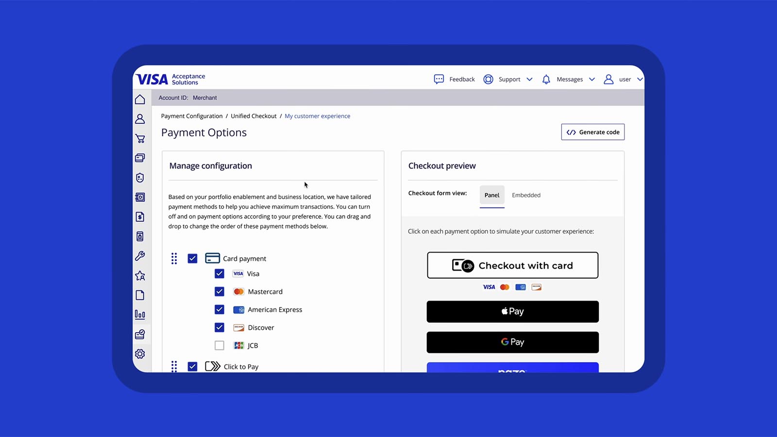 screen of dashboard to configure payment options for unified checkout